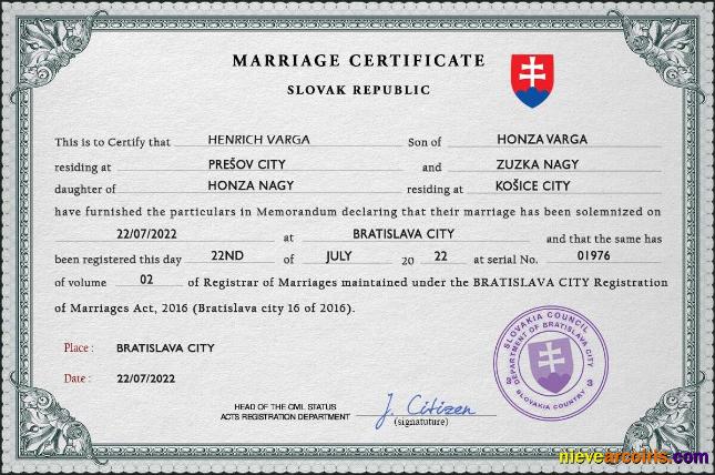 Slovakia marriage certificate